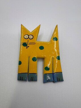 Vintage Folk Art Cat Brooch Hand Painted Whimsical Pin Kitschy Yellow Blue